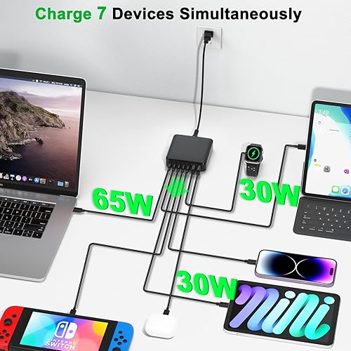 Miniatura 3 de Cargador USB C, estación de carga rápida USB C de 200 W y 7 puertos, cargador de laptop de 65 W compatible con MacBook Pro/Air, iPad, iPhone