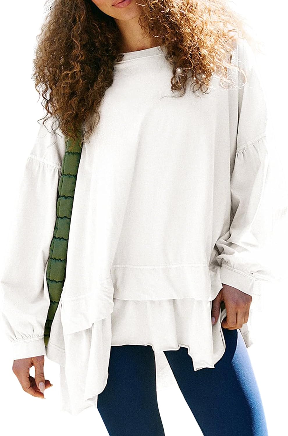 Womens Long Sleeve Oversized Tshirts Flowy Peplum Top Loose Fit Tunics Tops to Wear With Leggings Workout Shirts White