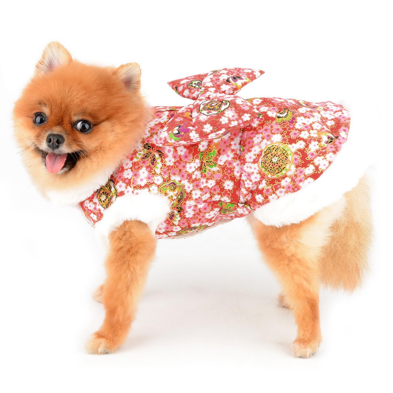 SMALLLEE_LUCKY_STORE Fleece Lined Dog Coat for Small Dog, Floral Pet Dress with D-Ring and Bow, Puppy Clothes with Fuzzy Collar Chihuahua Yorkie Cat Jacket Christmas New Year Apparel, Red, S