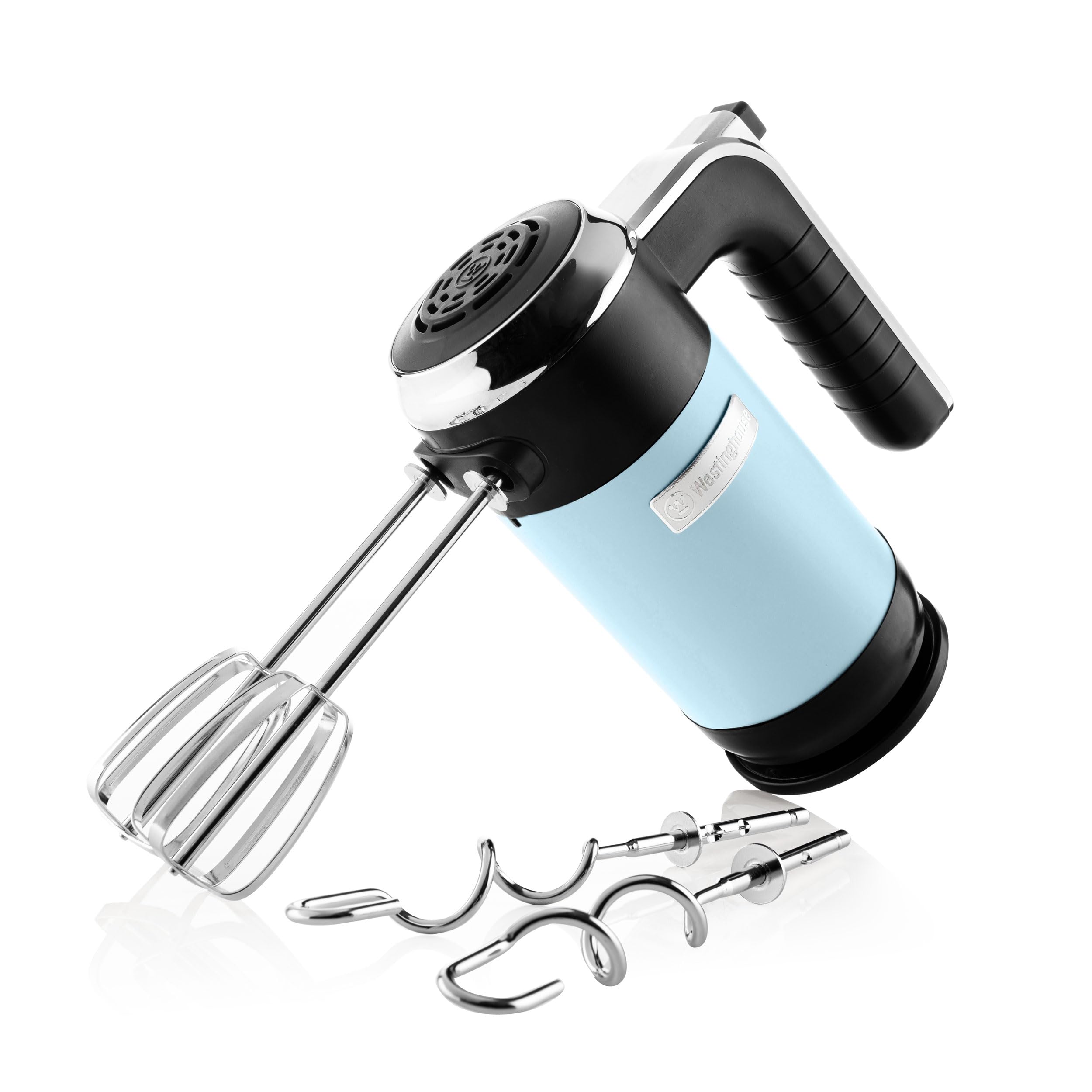 Westinghouse Retro Hand Mixer, 5 Speeds Turbo Function, 2 Whisk, 2 Kneading Hooks, LCD Display, Timer, Pedestal Base, Storage Bag, 350 Watt Westinghouse Retro Hand Mixer, 5 Speeds Turbo Function, 2 Whisk, 2 Kneading Hooks, LCD Display, Timer, Pedestal Base, Storage Bag, 350 Watt