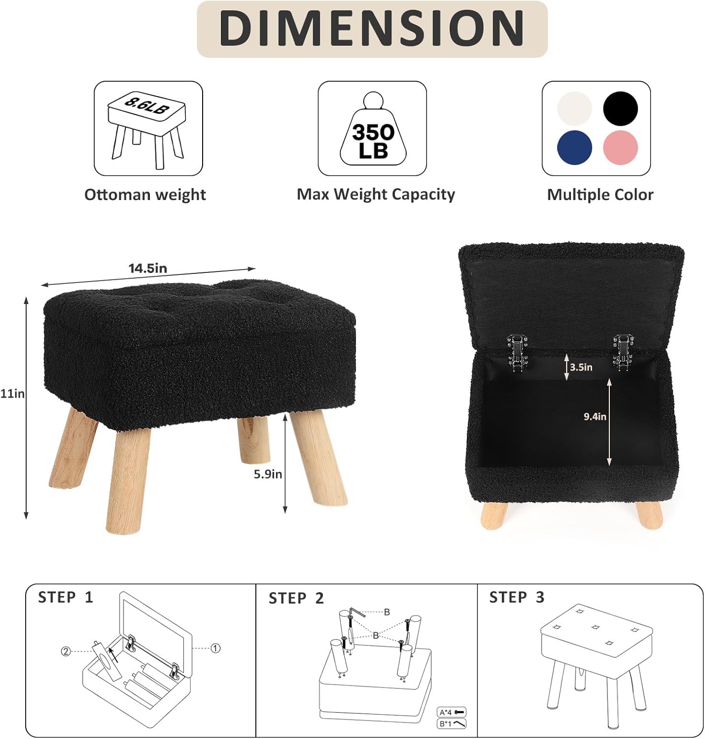 Stora Ottoman, Small Foot Stool Ottoman with Stora, Boucle Teddy