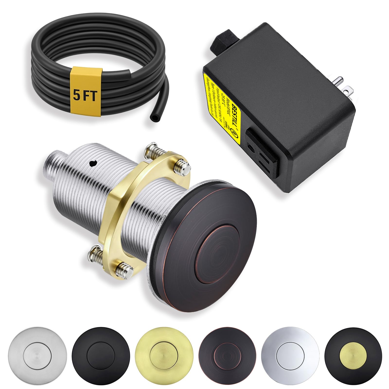 BESTILL All Metal Garbage Disposal Air Switch Kit, UL Listed Oil Rubbed Bronze Long Push Button for Waste Disposer, Cordless Sink Top Switch On/Off Button, Compatible with all Garbage Disposals