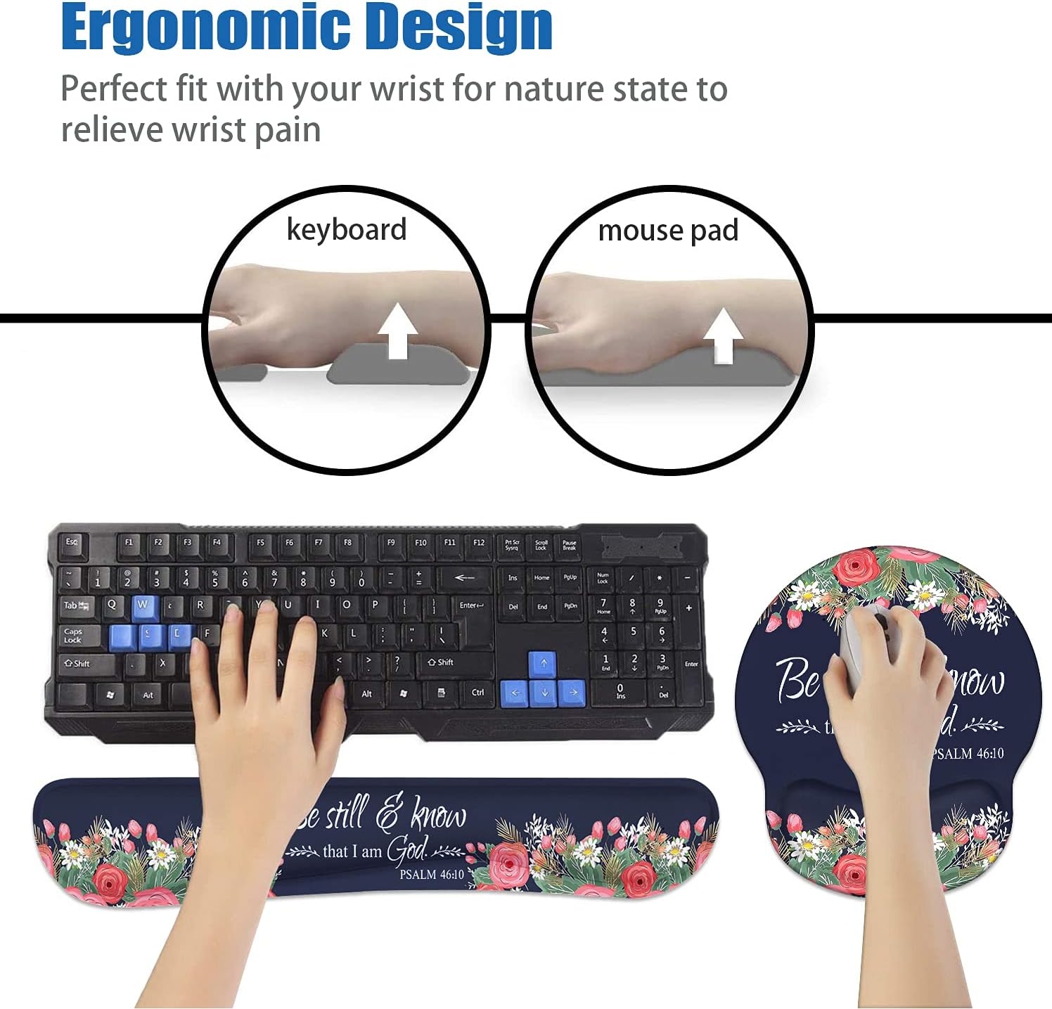 Keyboard Wrist Rest and Mouse Pad Support, Non-Slip PU Base Ergonomic Gaming Mousepad for Home Office Working Studying Easy Typing & Pain Relief - Floral Quote Bible Verses Psalm 46:10