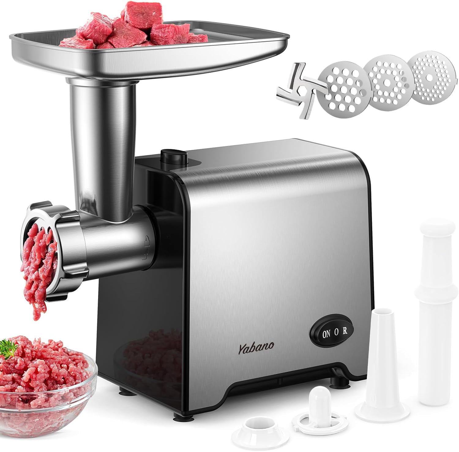 YabanoElectric Meat Grinder, Sausage Attachment, 3 Stainless Steel Hole Discs (3, 5, 7 mm), Plug, Kebbe Attachment, Continuous Shredder, 350 W