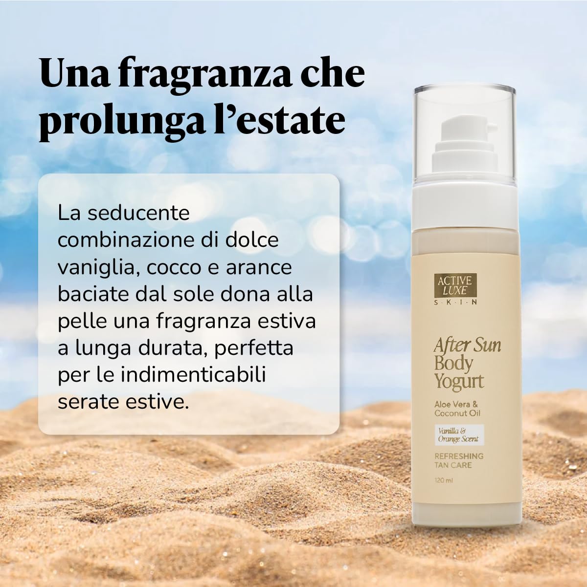 Active Luxe After Sun Body Yogurt – Crema Doposole Corpo, 120 ml | Aloe Vera & Olio di Cocco, Moisturizer Idratante Aftersun per Viso & Corpo, Cura della Pelle Naturale