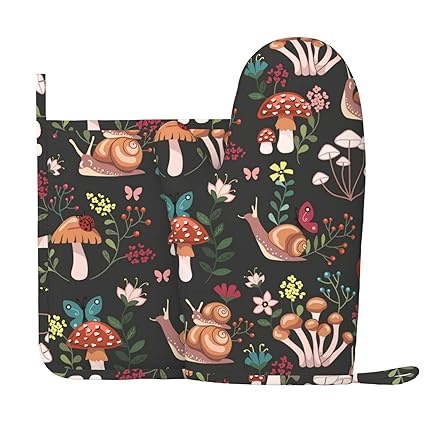 Oven Mitts and Pot Holders Sets High Heat Resistant Mushrooms Oven Mitts with Oven Gloves and Hot Pads Potholders for Kitchen Baking Cooking BBQ Silicone Non-Slip Cooking Mitts