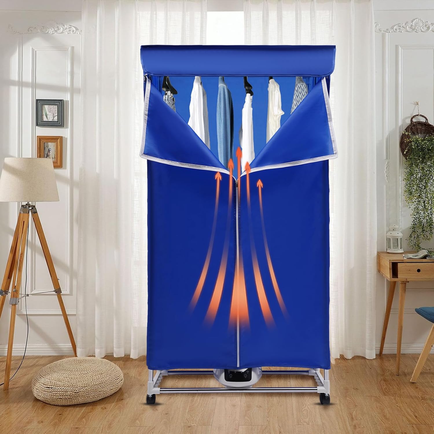 Portable Clothes Dryer 1500W Portable Dryer Machine with Adjustable Double-Tier Rack & Locking Wheels Foldable Apartment Dryer for Clothes, 66 Lbs Weight Capacity (Blue)
