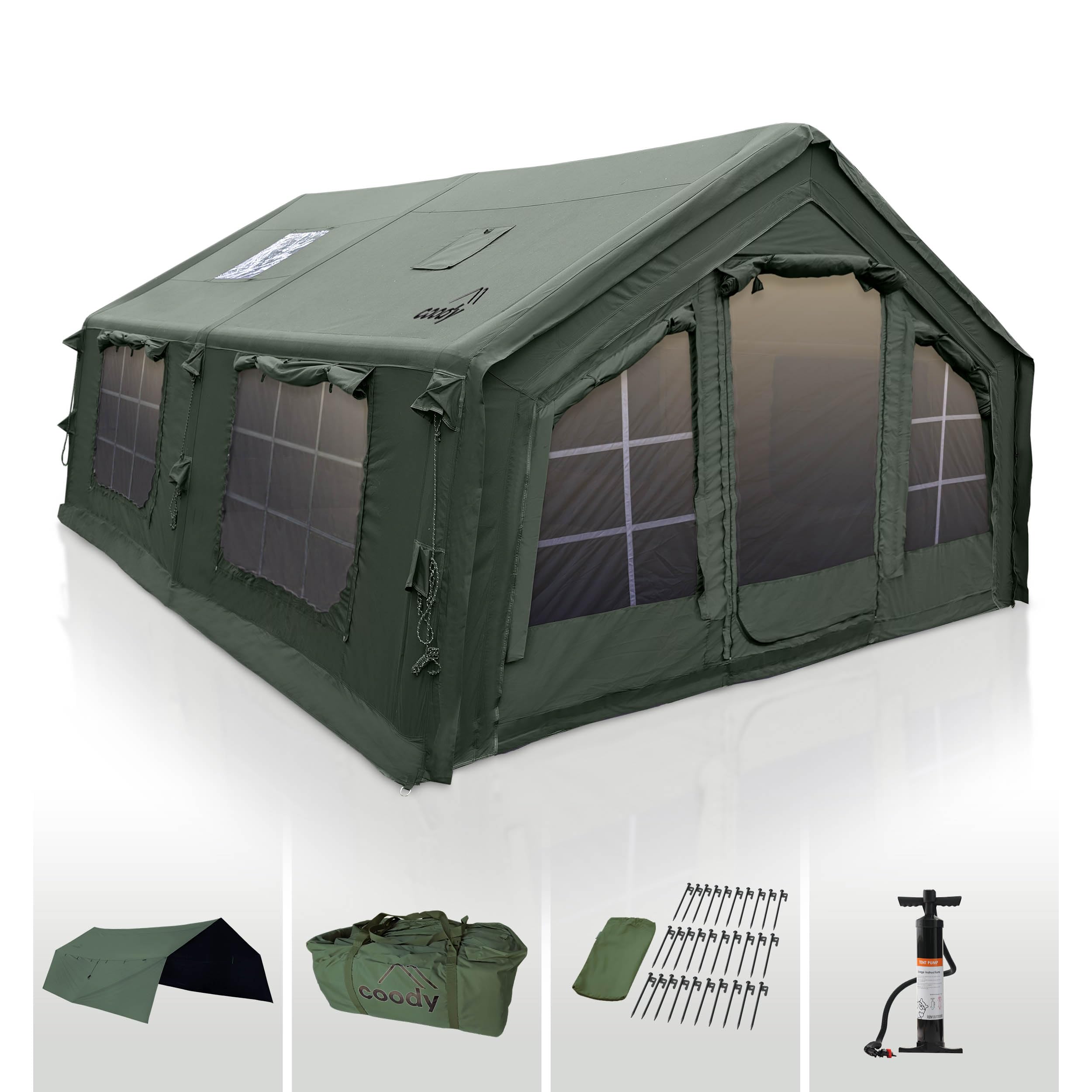 Coody | Rbm Outdoors Koala/Hub/Octopus Inflatable Tents for Camping with Stove Jack, 2/8/10 Person Luxury Canvas Blow Up Tent, 2 Room, Easy Setup Casa de Campaña, Large Inflatable House with Pump