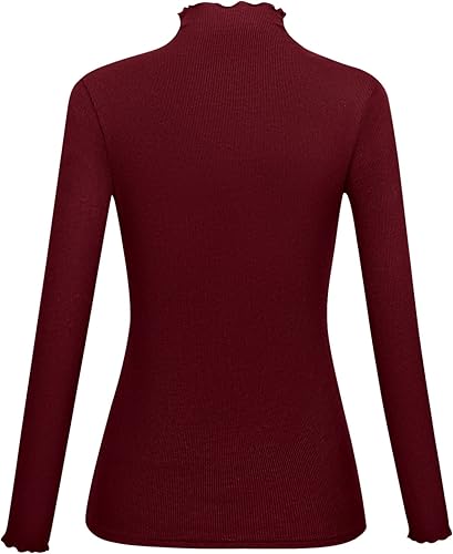 Vista 2 de Lightweight Ruffle Mock Neck Tops Ribbed Lettuce Trim Soft Base Layer for Women