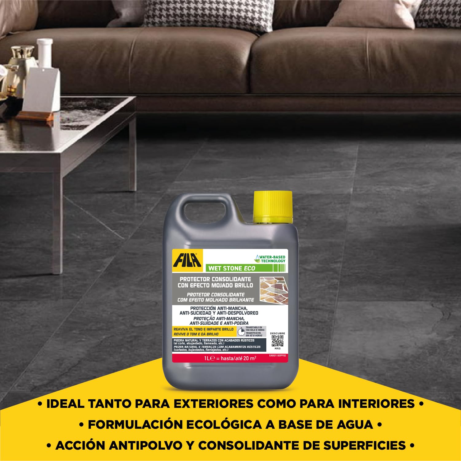 FILA Surface Care Solutions, WET STONE ECO, Protector de Piedras Naturales a Efecto Mojado, Hidrofugante Piedra, Repelente de Manchas y Suciedad,Suelos Interiores y Exteriores, Base Acuosa, 1L
