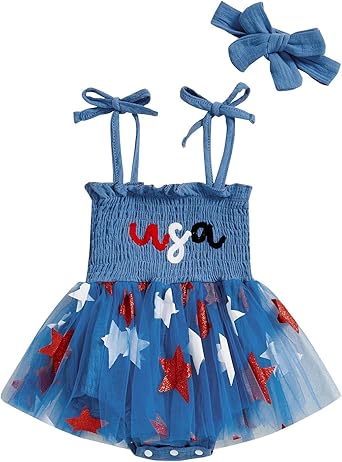 YINGISFITM 4th of July Baby Girl Outfits USA Bubble Romper Smocked Stars Dress Patriotic Onesie Infant Cute Summer Clothes