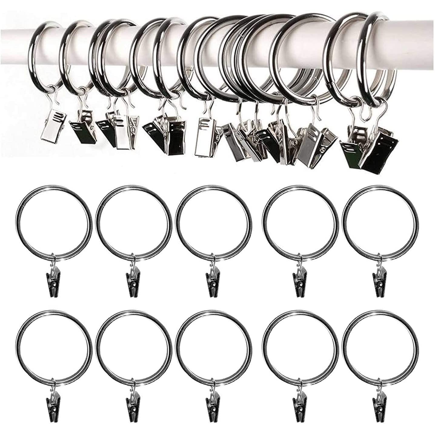 Homeimprove Silver Curtain Pole Rings With Clips 28Mm Metal Hanging Rings With Clips For Curtains Hanging Curtain Pole Ring And Clips Pack Of 50