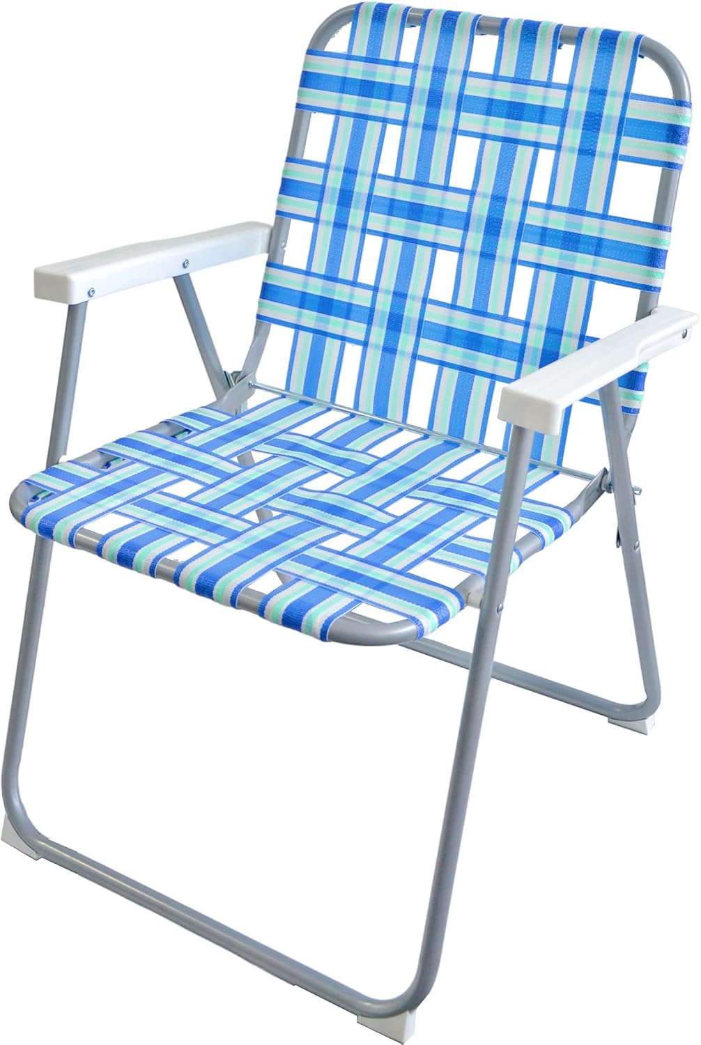 Foldable Webbing Retro Lounge Lawn Beach Camp Chair Portable Lightweight for Adult with Armrest | Picnic BBQ RV Trip Patio Garden Rest | Outdoor Collapsible Backrest Seats Summer Blue Stripe