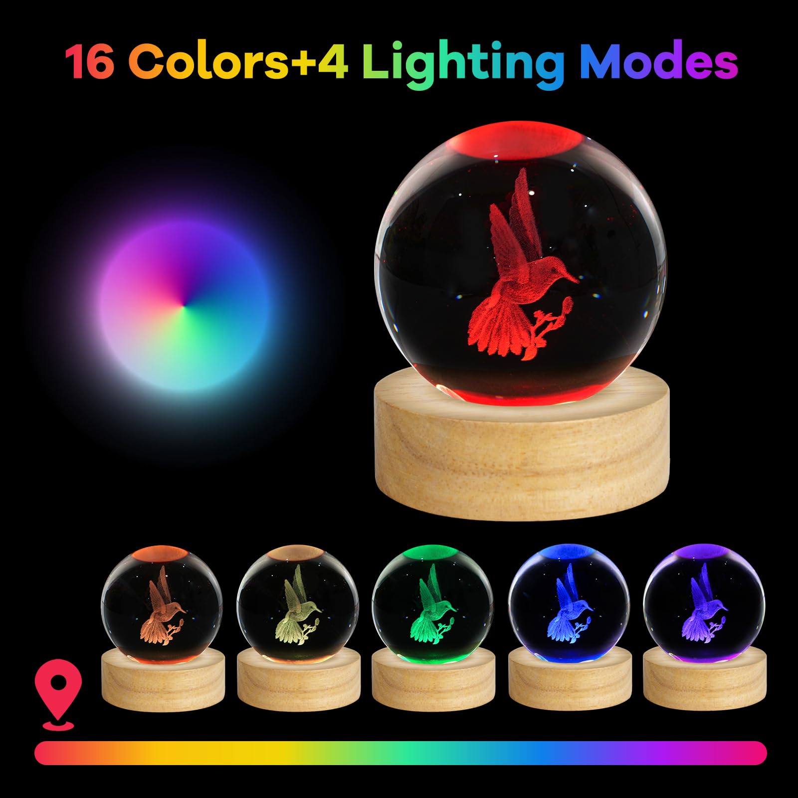 3D koliber kryształowa kula lampka nocna 6 cm figurki kolibra dekoracja lampa stołowa z 16 zmieniającymi się kolorami koliber rzeczy do pokoju urodziny Boże Narodzenie koliber prezenty dla kobiet