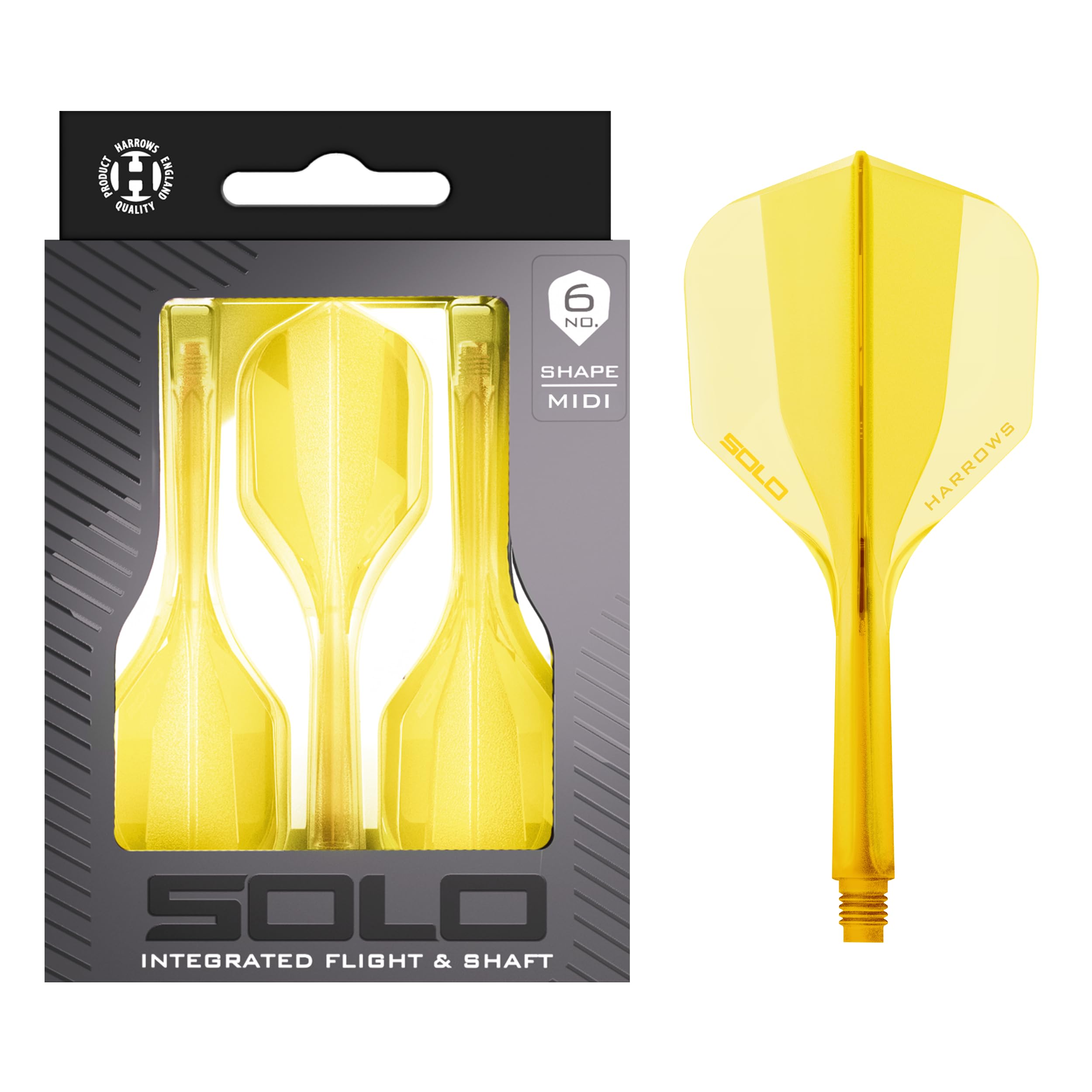 Harrows Solo Integrated Flight & Shaft System – 3 Molded Flights & Shafts – One-Piece Aero Core Construction – Fixed 90° Design for Stability (Yellow, Midi)