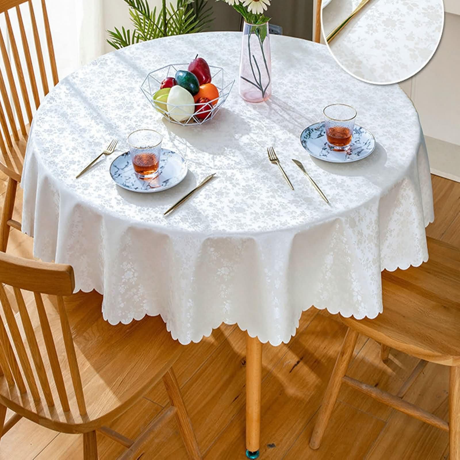 Mantel Exterior Antimanchas Redondos 260CM,Mantel Mesa de Jardin Blanco Patrón de Flores Poliéster Mantel Protector Mesa Comedor