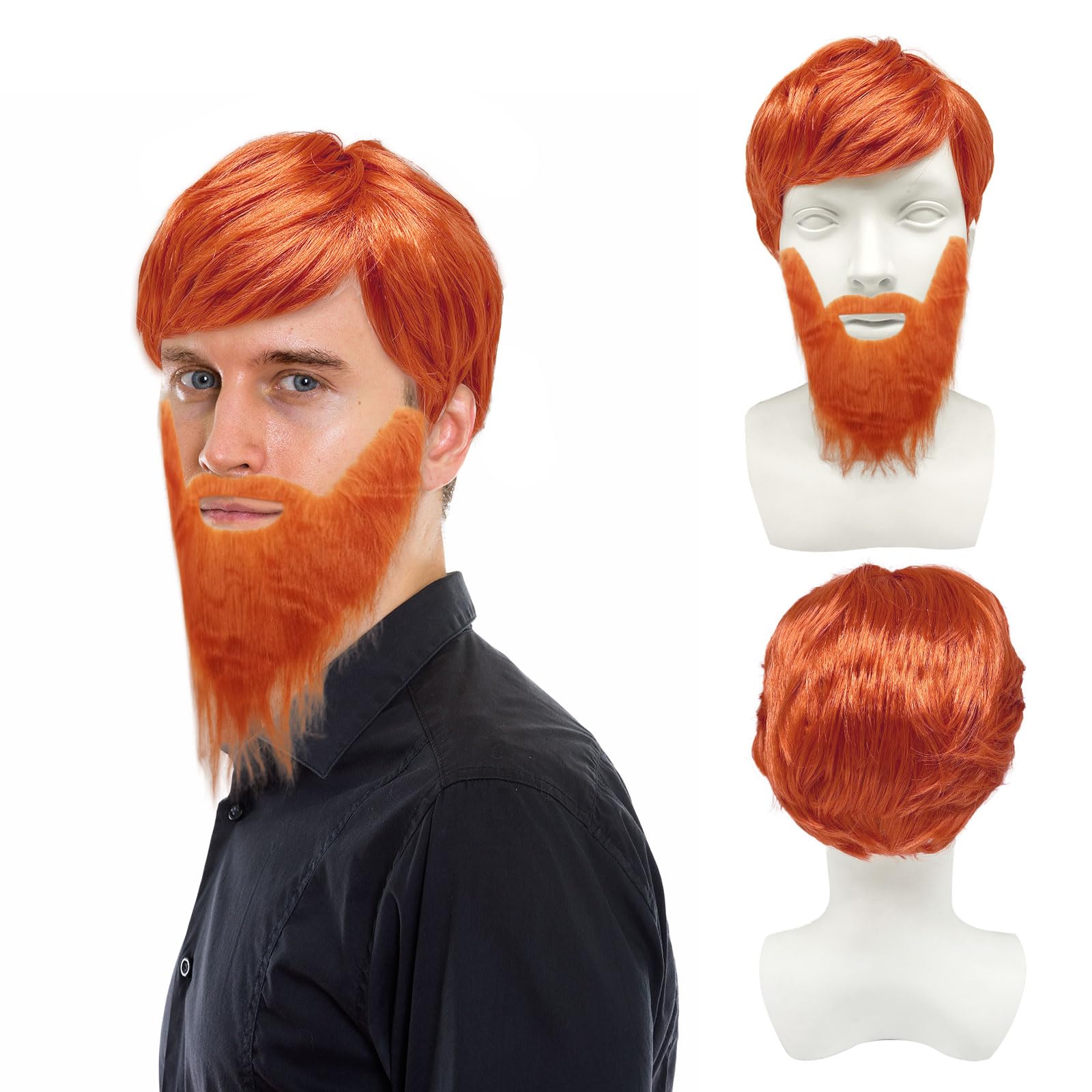 2 Pcs Men's Wig with Big Beard - Ginger Boyband Punk Rock Fancy Dress Orange Wig for Men 60s 70s 80s Costume Accessories