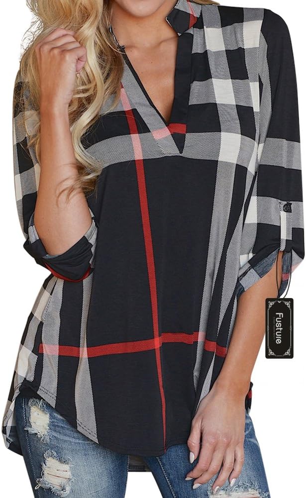Womens Loose Chiffon Tartan Check Blouse Plaid V Neck Shirt Tops (3XL, Black)