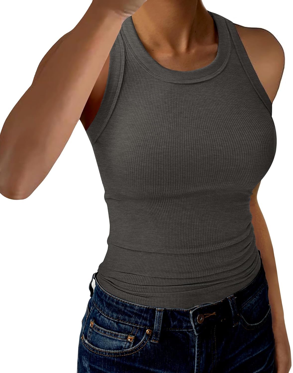 Womens Tank Tops High Neck Sleeveless Ribbed Tank Casual Basic Thick Strap Slim Fit...