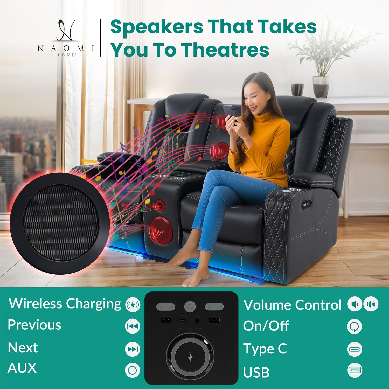 Naomi Home Chicago Power Loveseat Recliner Sofa & Home Theater Seating with Wireless Charging Electric Recliner RV Sofa with USB/Cup Holders/Storage/LED Light/Speaker, Black/Air Leather