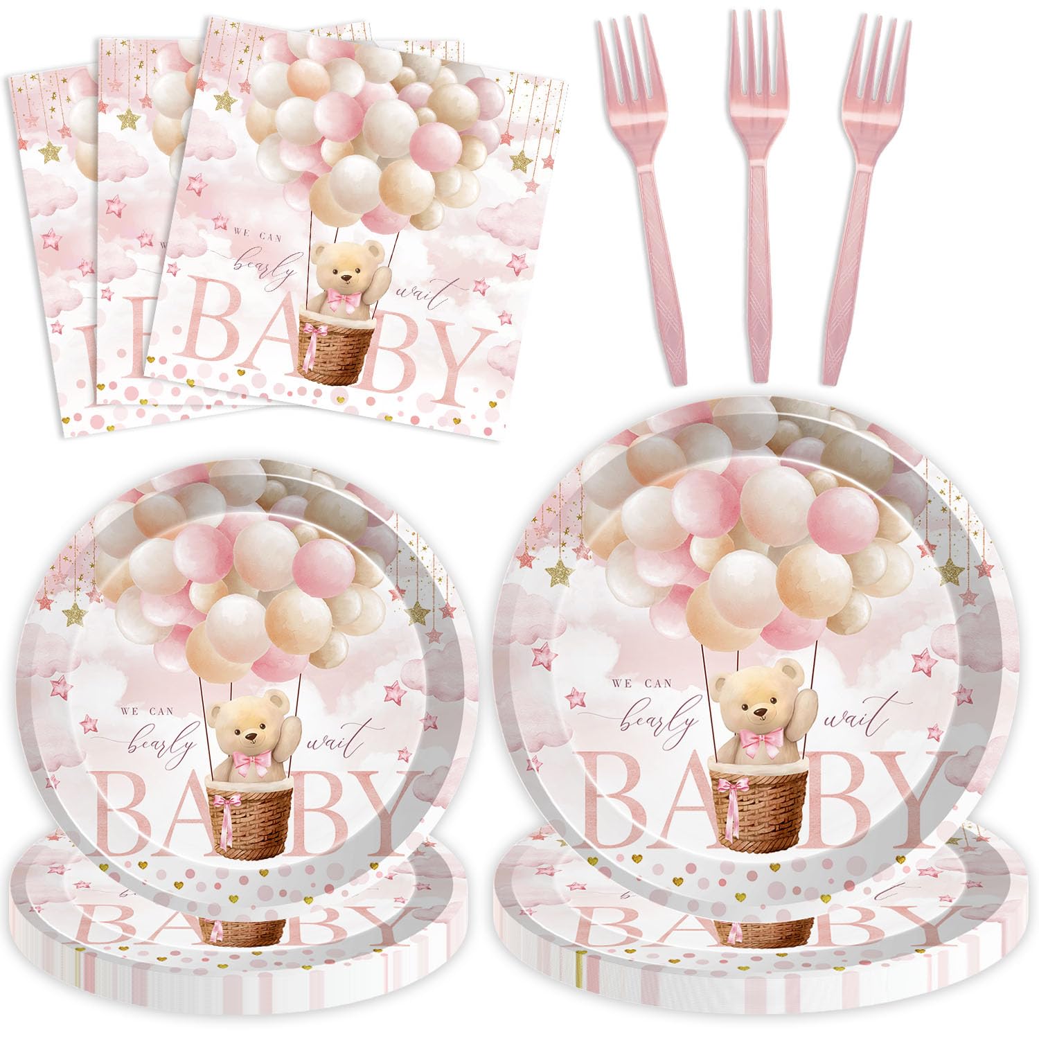 Joliaco 96 Pcs Girl Bear Baby Shower Party Tableware Set Pink Hot Balloons Bear Disposable Paper Plates and Napkins We Can Bearly Wait Baby Shower