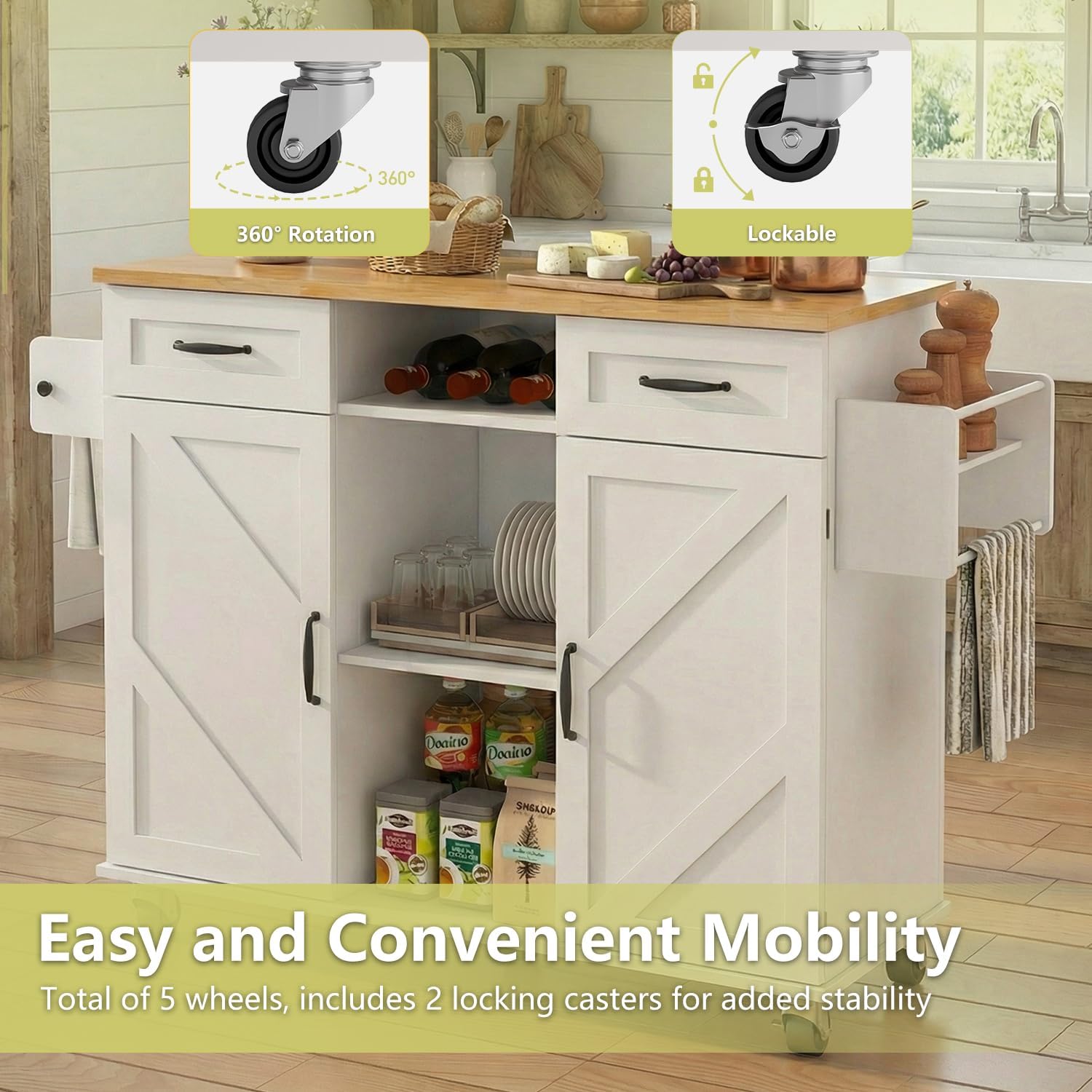 knoworld 51" W Rolling Kitchen Island with Drop Leaf, Portable Kitchen Cart on Wheels with Storage Cabinet & Drawers, Farmhouse Mobile Islands, Large Butcher Block Table with Spice Rack/Tower (White)