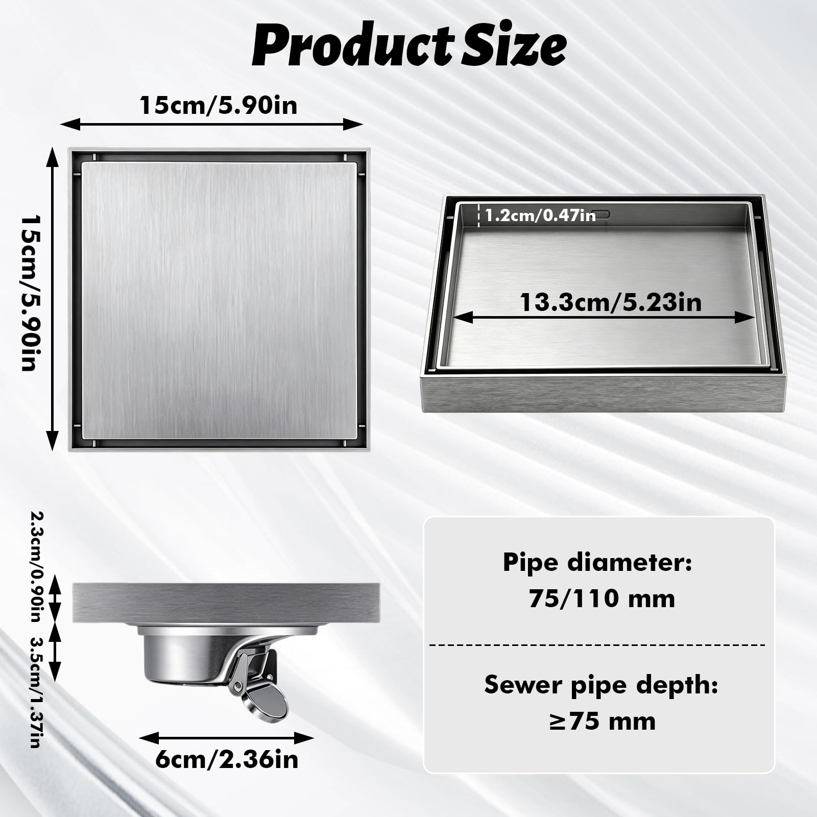 Scarico Doccia 15x15 cm, Piletta Inox Piastrellabile Antiodore