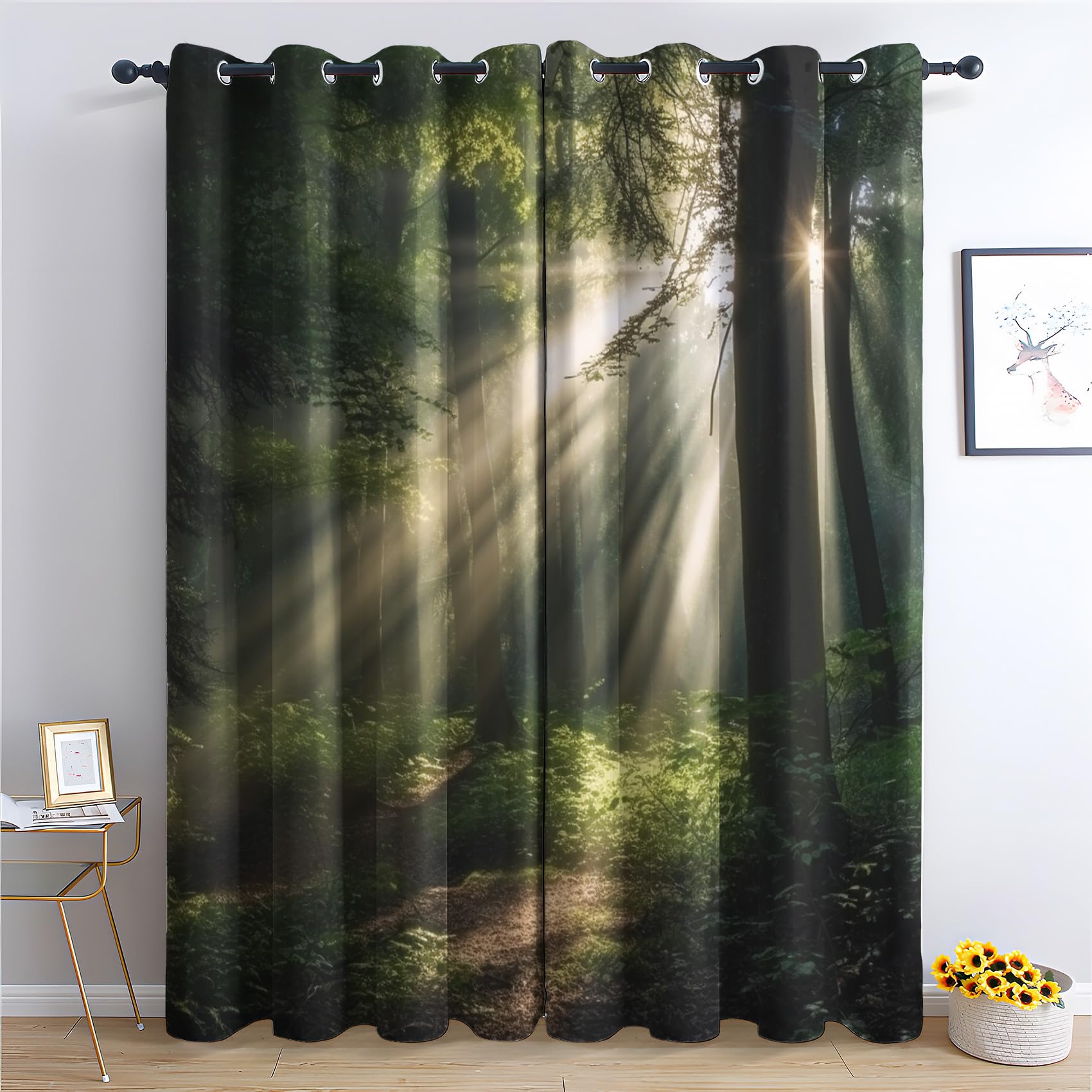 QEODAH Forest Bedroom Curtains Blackout - Green Tree Woodland Landscape Living Room Curtains 46x54 Eyelet - Soft Thermal Insulated Patterned Drapes for Windows - 2 Panels