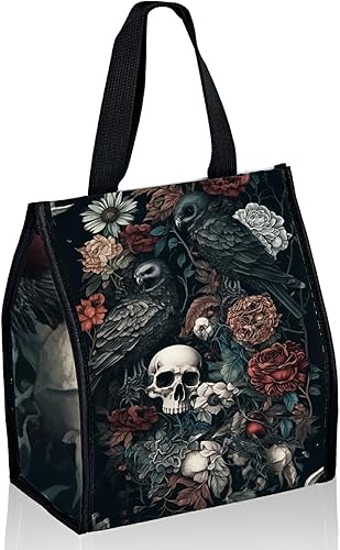 Bolsas de almuerzo con diseño de calavera oscura, flor y águila, linda caja de almuerzo para mujer, grande, reutilizable, con aislamiento para el