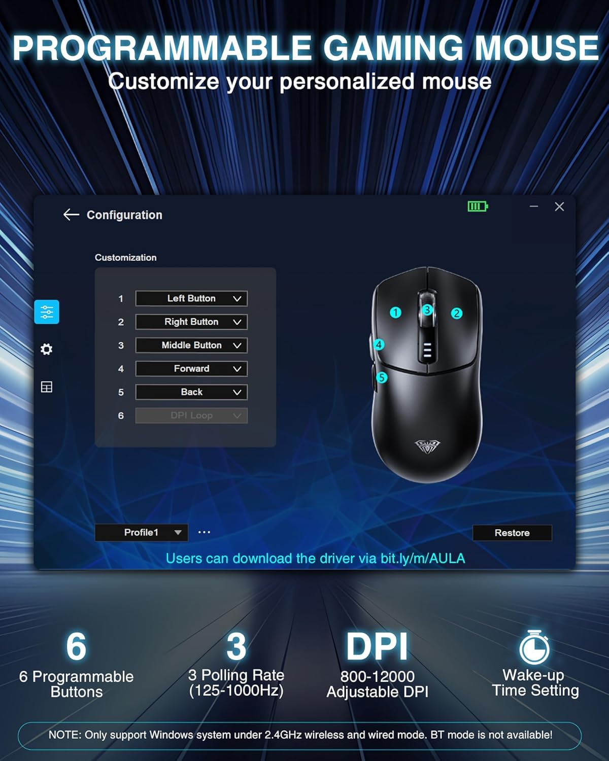AULA SC580 Gaming Maus Kabellos, 2.4GHz/USB-C/BT Wireless, 12000DPI, 6 Tasten, Weiß
