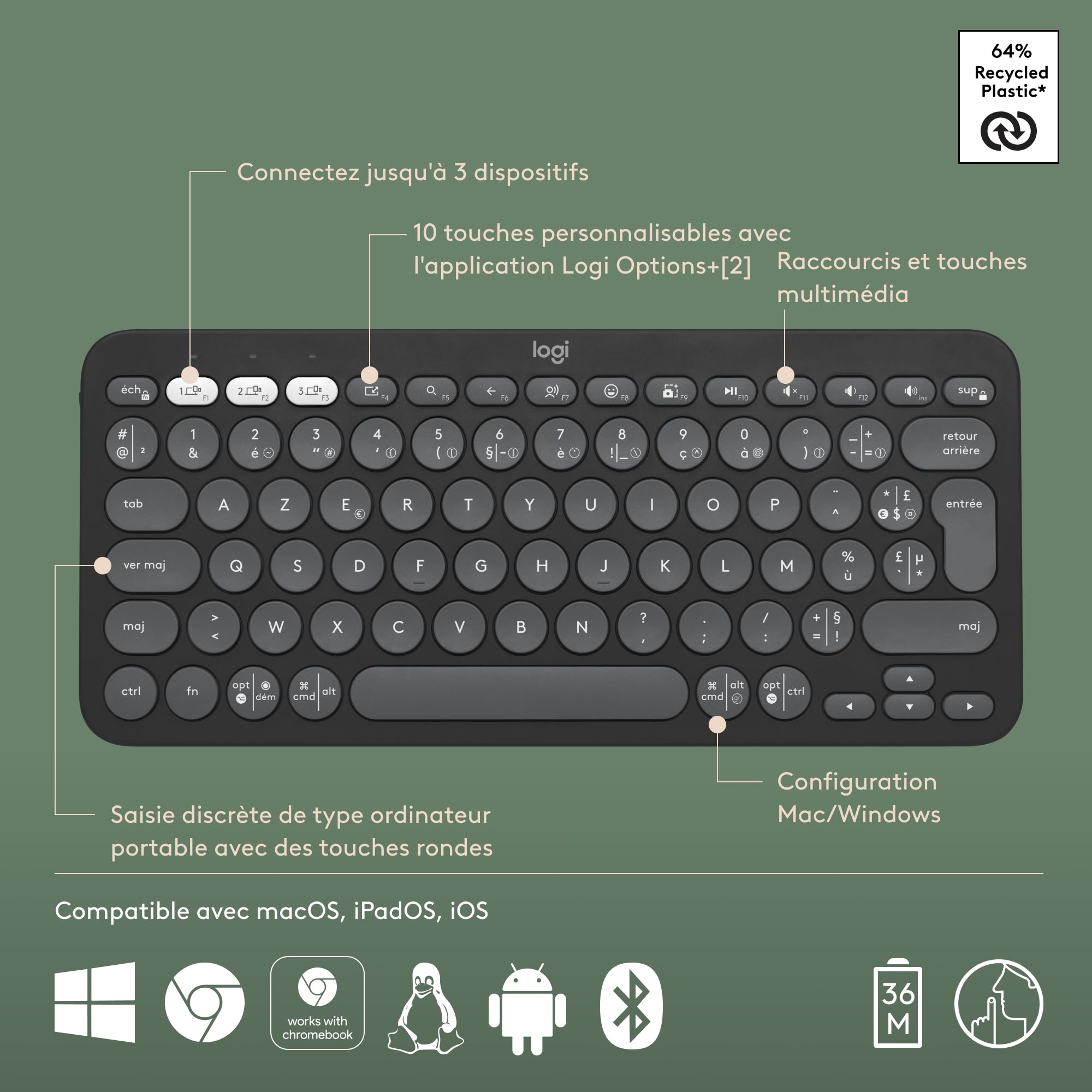 Logitech Pebble Keys 2 K380s clavier sans fil Bluetooth multidispositif, raccourcis personnalisables, fin et portable, Easy-Switch pour Windows, macOS, iPadOS, Android, ChromeOS, FR AZERTY - Graphite