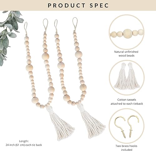 Miniatura 2 de sageinthyme - Juego de 2 soportes para cortinas de cuentas de madera con cuentas de madera para atar en la parte trasera con borlas y cuentas,