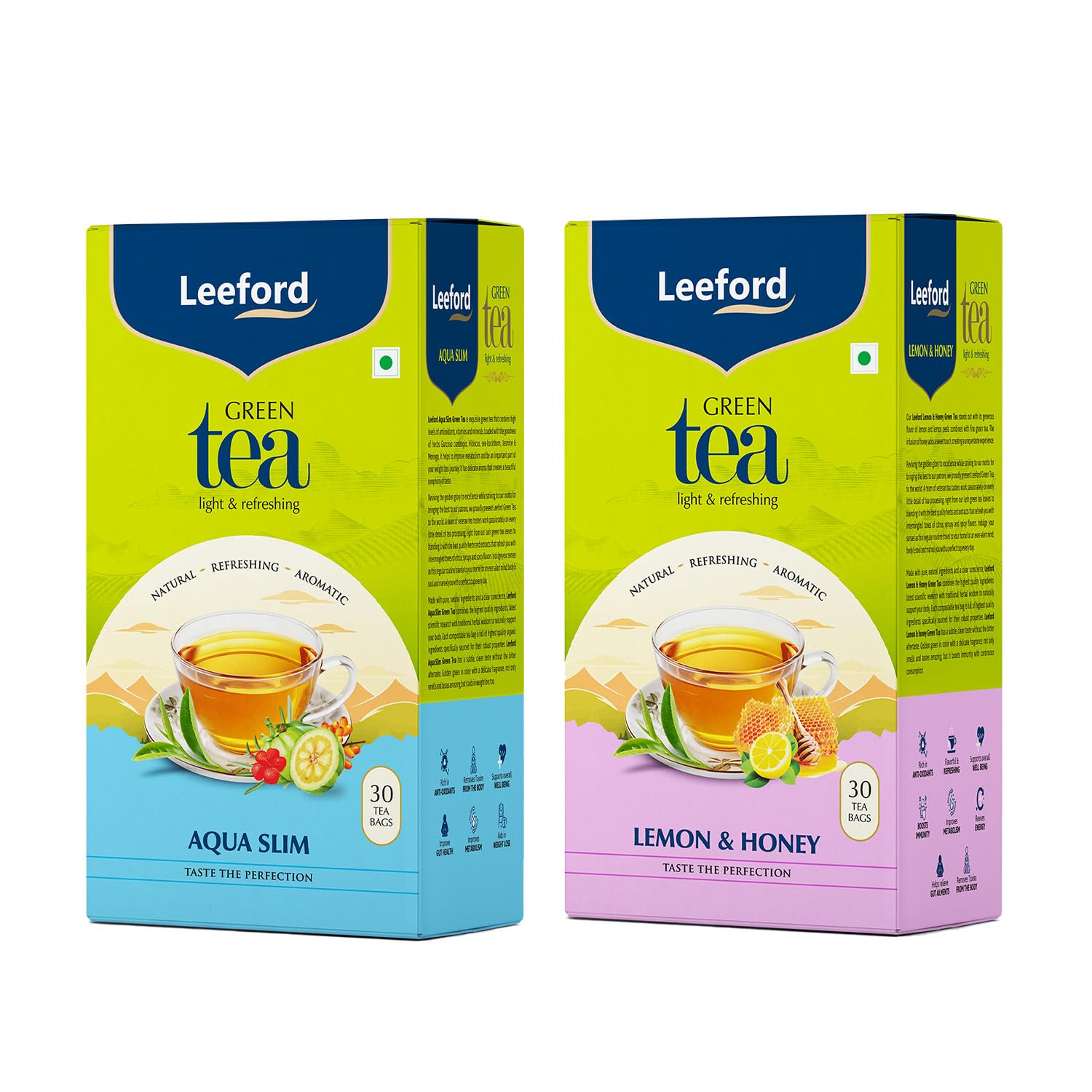 Aqua Slim + Honey Lemon Green Tea – Pack of 2 (30 Compostable Tea Bags) | With Garcinia, Hibiscus & Moringa for Digestion & Detox | Supports Weight Management & Metabolism