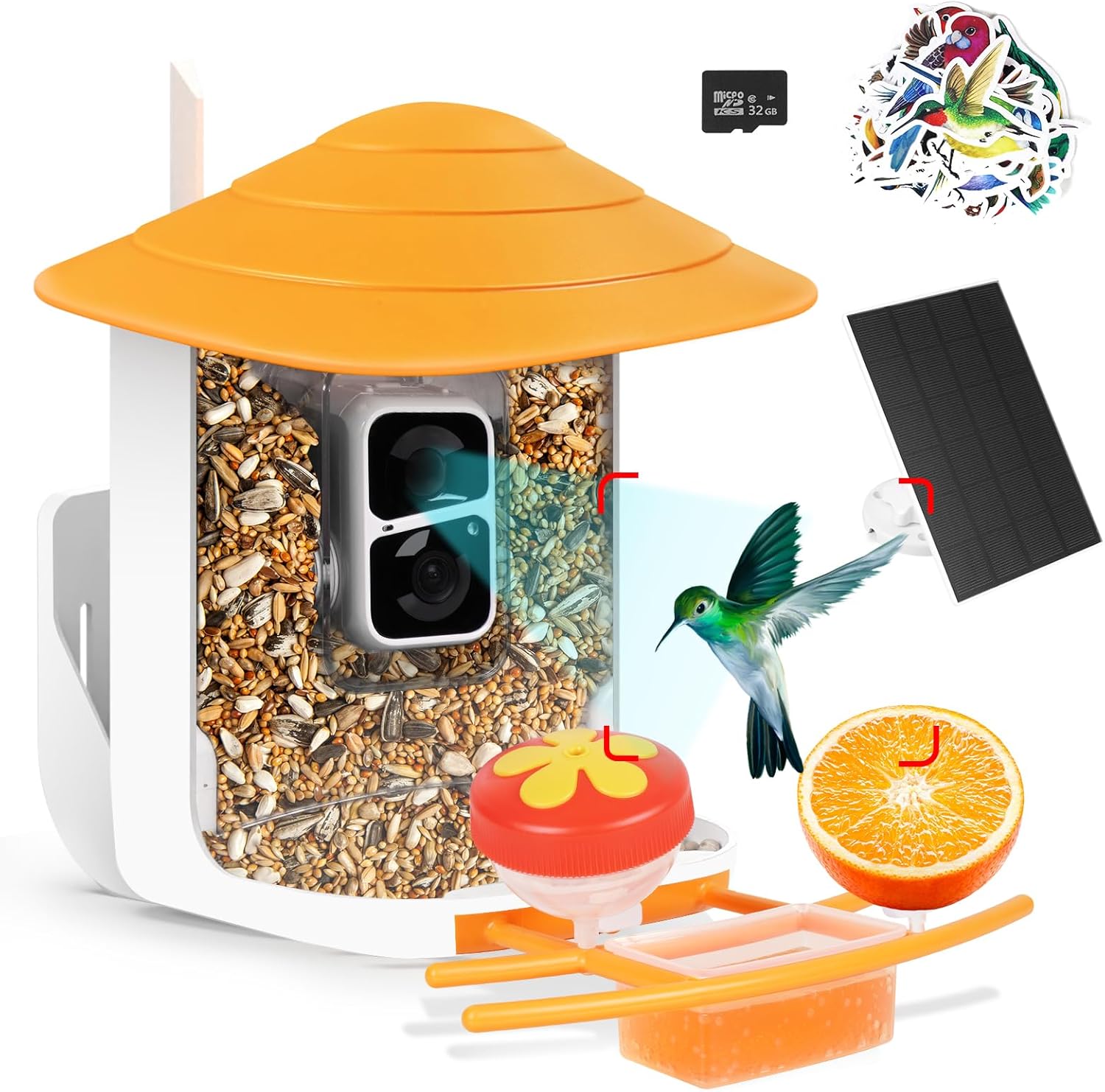 Bird Feeder with Camera,1080P HD,160° Wide Angle,AI Recognition, 1.8L Capacity 32G SD Card, Solar Powered, 50Pcs DIY Bird Stickers for Outdoor Garden