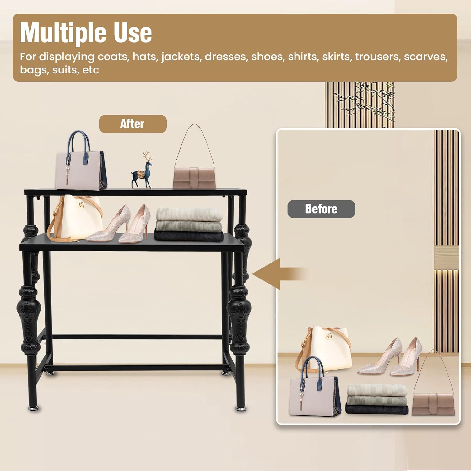 Industrial Retail Display Tables, Set of 2 Modern Standing Clothing Shoes Display Rack Boutique Display Table Storage Shelves Store Display Adjustable Feet for Retail Store, Clothing Store