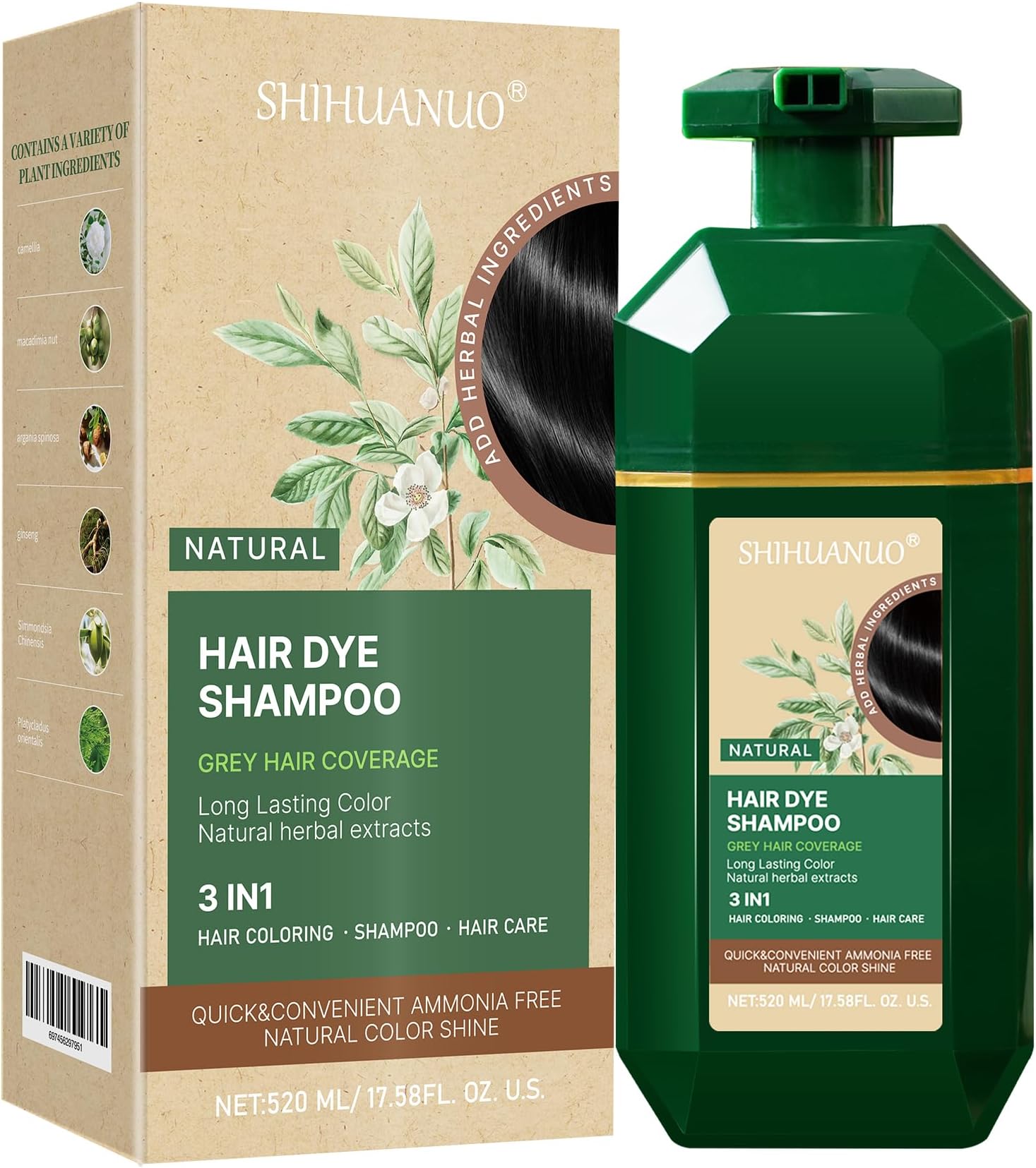 SHIHUANUO Black Hair Dye Shampoo 3 in 1 for Gray Hair Coverage, Herbal Ingredients Natural Shampoo Black Hair Dye for Women & Men/Ammonia-Free 520ml