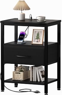 OLIXIS Nightstand with Charging Station, Beside Table with Fabric Drawer