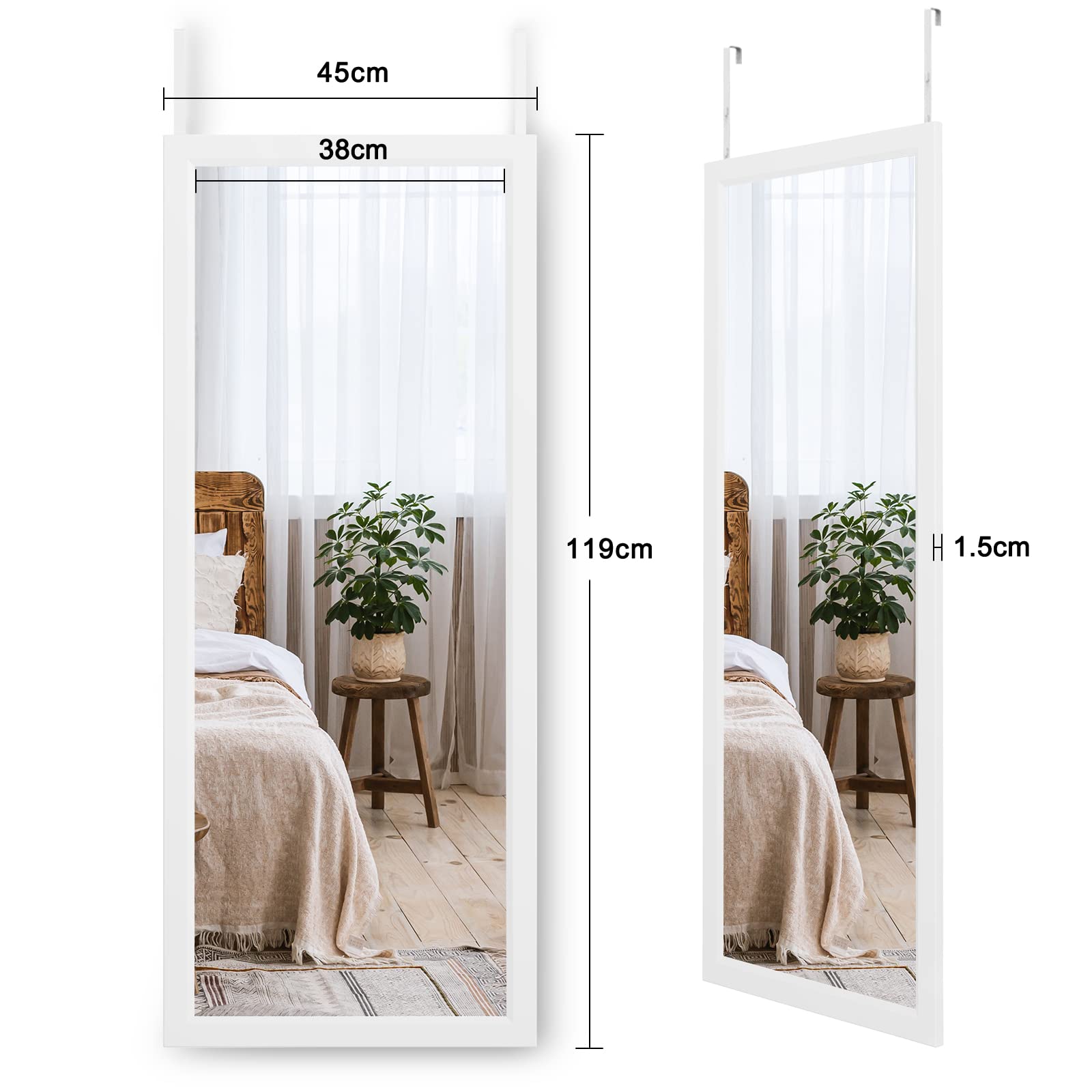 Dripex Wandspiegel 45x119cm Spiegel unbrechbarer Garderobenspiegel Flurspiegel höhenverstellbarer Hängespiegel mit Haken (Weiß)
