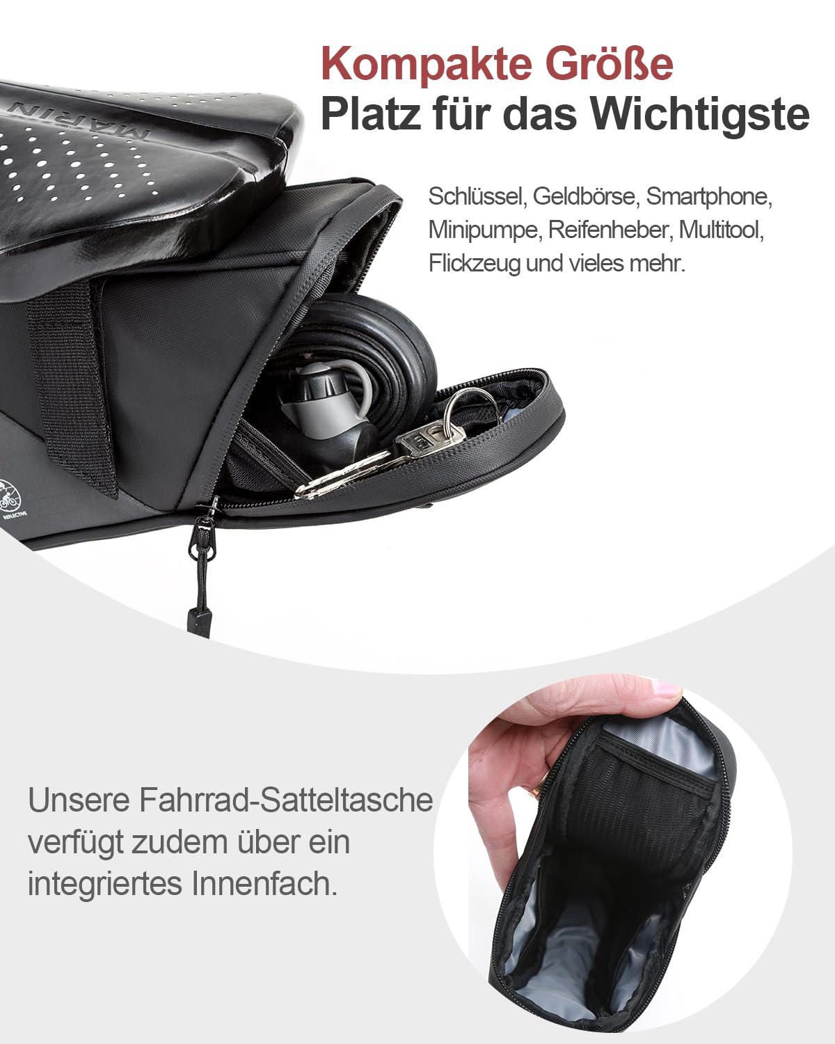 Fahrrad Satteltasche 1L, Wasserabweisende Fahrradtasche mit 3 Netztaschen, Unter dem Sitz Tasche für Mountainbikes Rennräder und Pendler