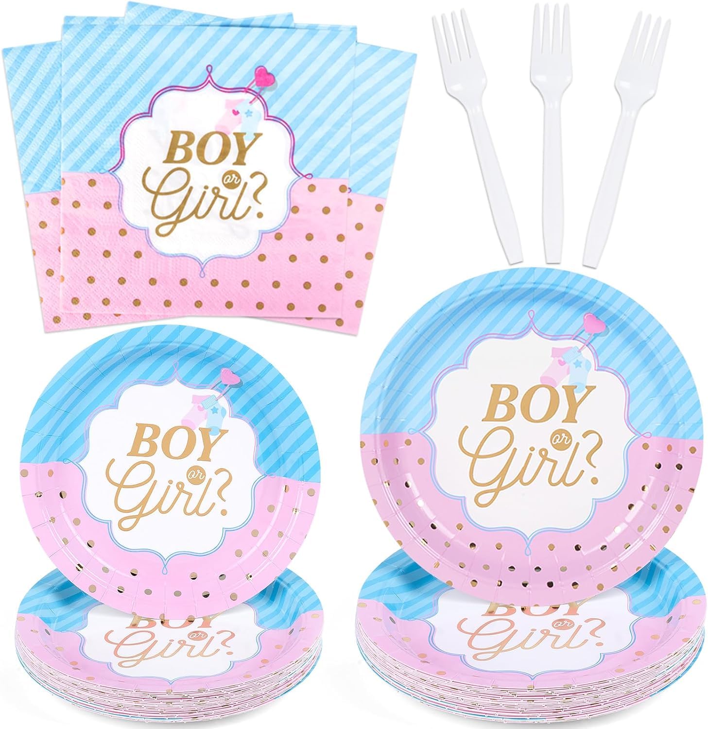 Gender Reveal Party Decorations Supplies He or She Party Tableware Set Pink or Blue Gender Reveal Party Dessert Plates Napkins Forks for 16 Guests Boy or Girl Party Favors