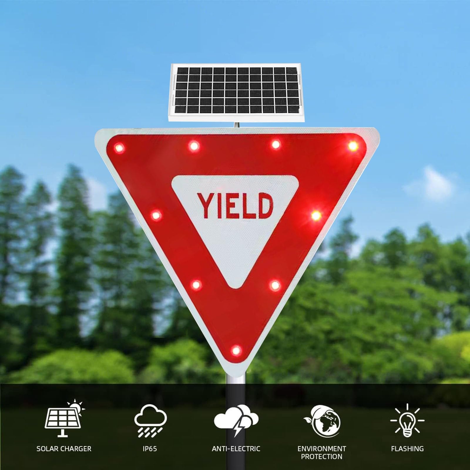 Znak priorytetowy 71 cm, zasilany energią słoneczną migający znak priorytetowy LED, migające znaki priorytetowe LED z aluminium drogowe metalowe tabliczki z akcesoriami montażowymi (A,71 cm / 28 cali)