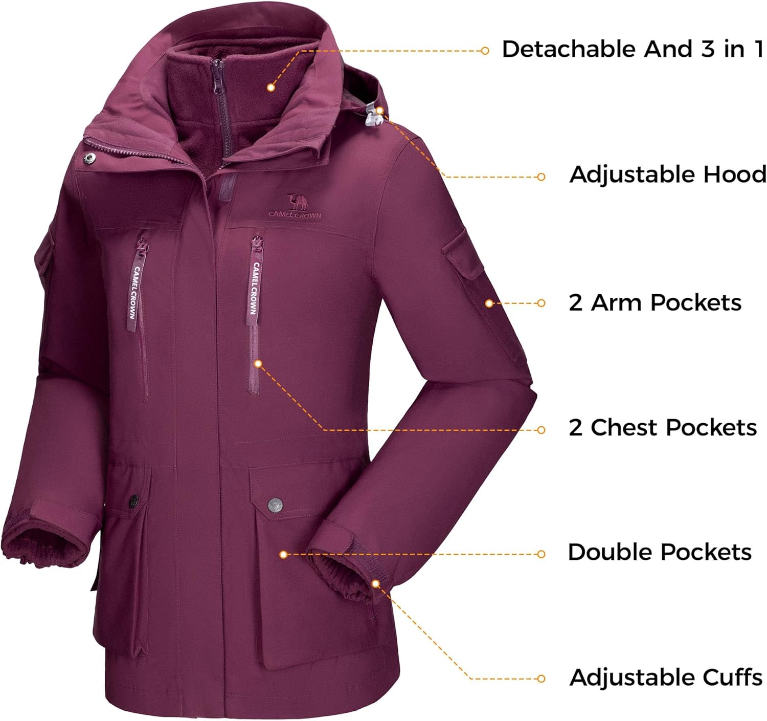 CAMEL CROWN Women's Waterproof Ski Jackets 3 in 1 Snow Jackets Hooded Fleece Winter Coats Windbreaker Snowboard Jackets