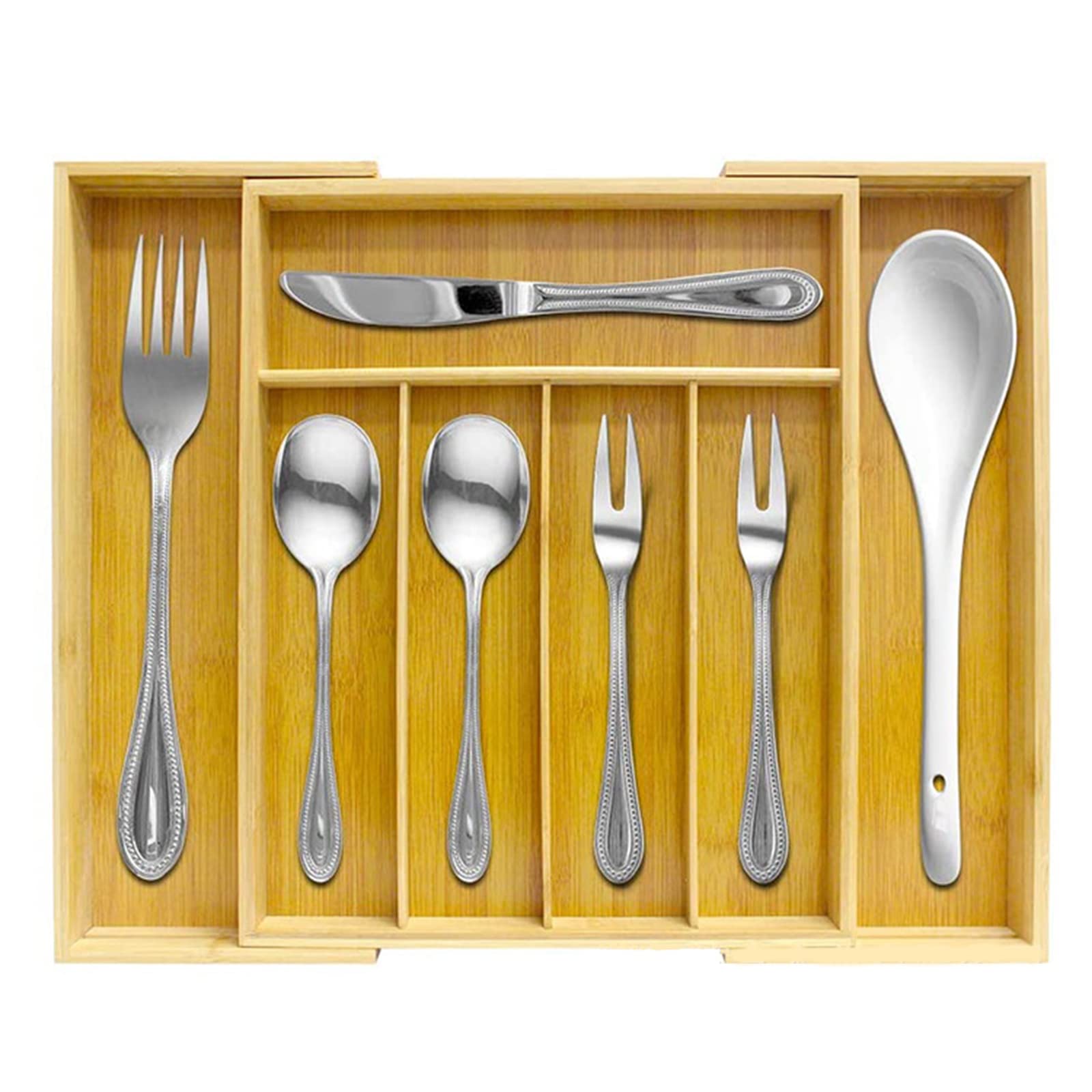 RWRAPS Organizador de Cubiertos Almacenamiento Cubiertos de Madera Organizador de Cubiertos Caja para cajón Cubiertos Bandeja de Madera Ampliable Ahorre Espacio para Utensilios de Cocina y Cubiertos