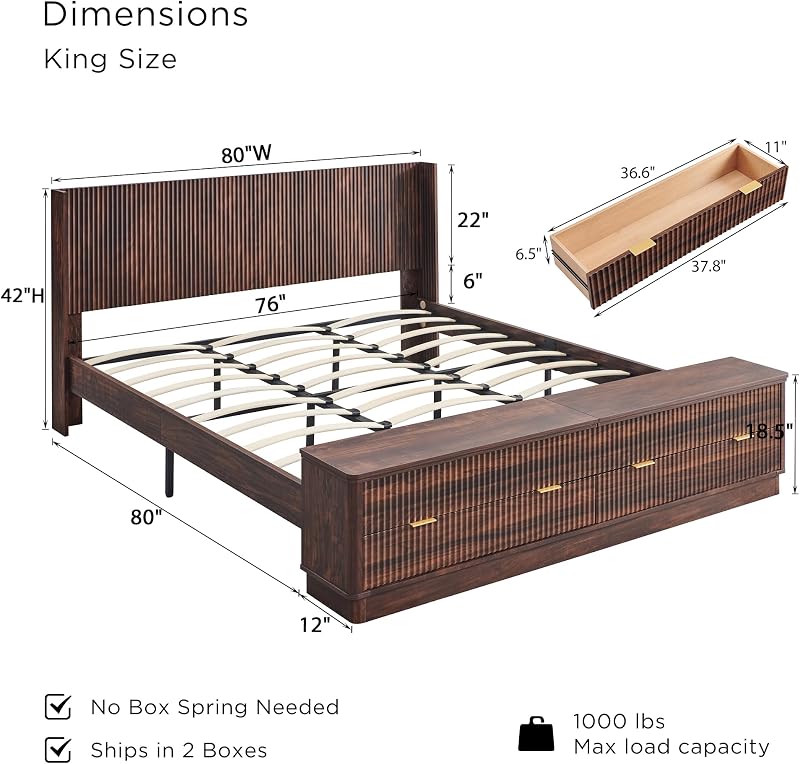 T4TREAM Fluted King Bed with Headboard and Storage Bench, Dark Walnut image 2