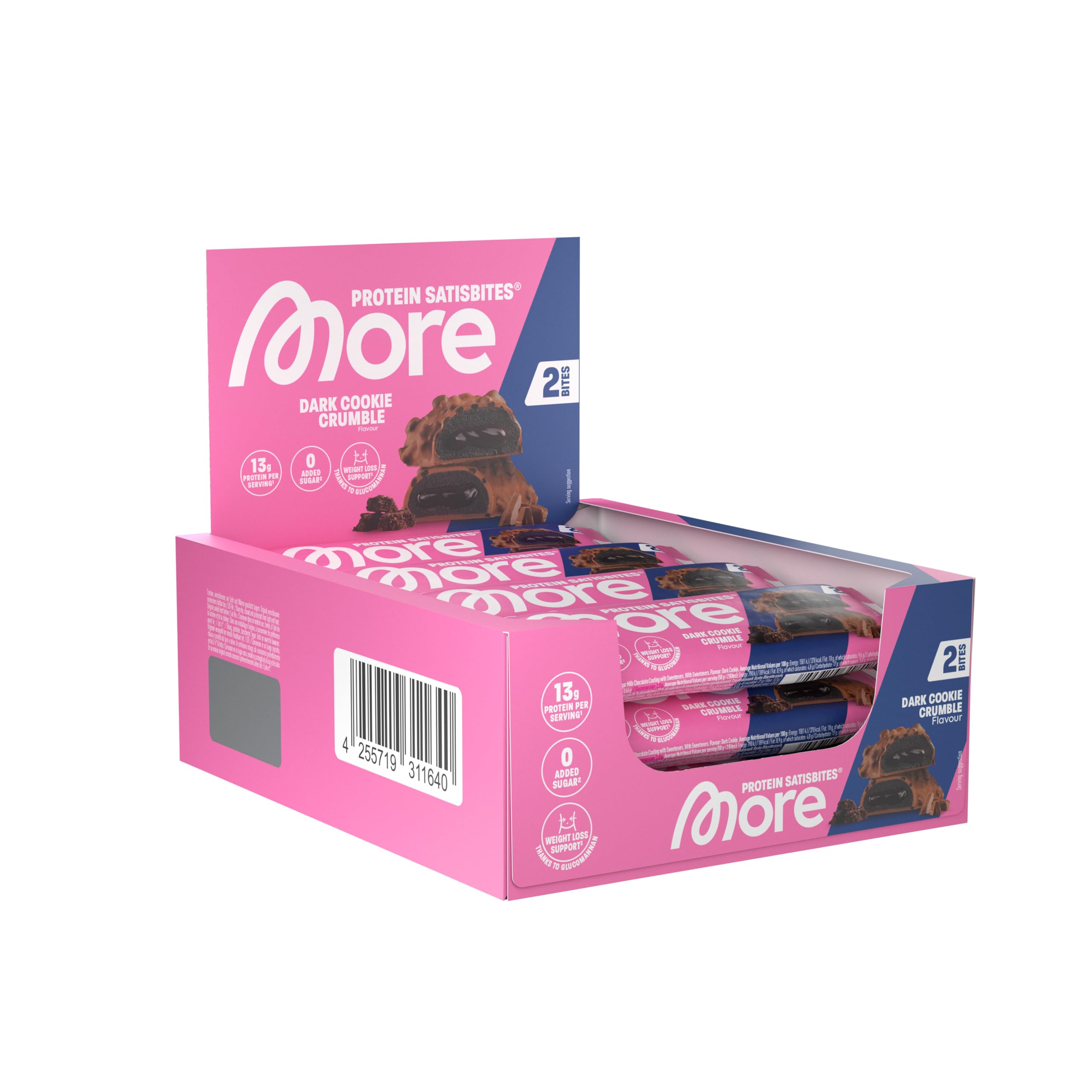MORE Protein Satisbites, 12er Box Proteinriegel, Dark Cookie Crumble | 12 x 2 x 25 g, bis zu 16 g Protein pro Portion, ohne Zuckerzusatz, made in Germany (Design kann variieren)