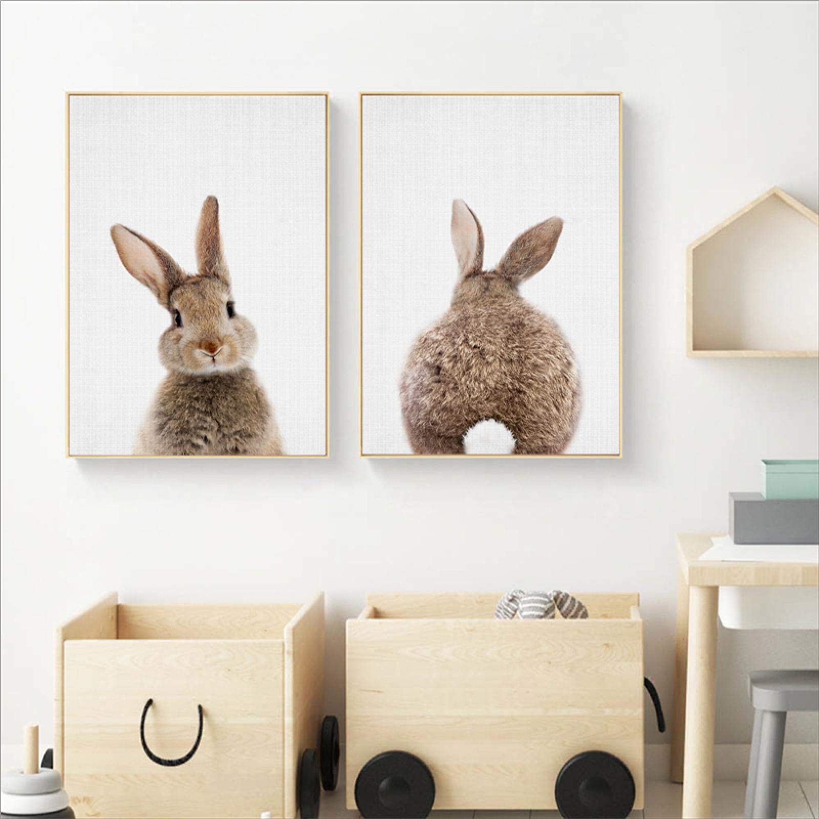 Conejito Conejo Cola Lienzo Pintura guardería Pared Arte Animal Cartel impresión nórdico Bosque Imagen para bebé niños habitación decoración 60x90cm (24x35in) x2 sin Marco