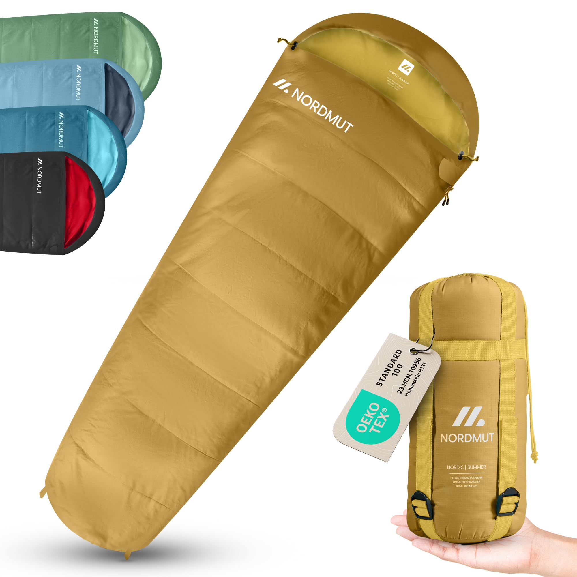 NORDMUT® Śpiwór dla Dorosłych – Mały Rozmiar Pakowania & Ultralekki (900/1500 g) – 3-Sezonowy (250 GSM) & Letni (100 GSM) –Mumia na Camping, Outdoor i Festiwale