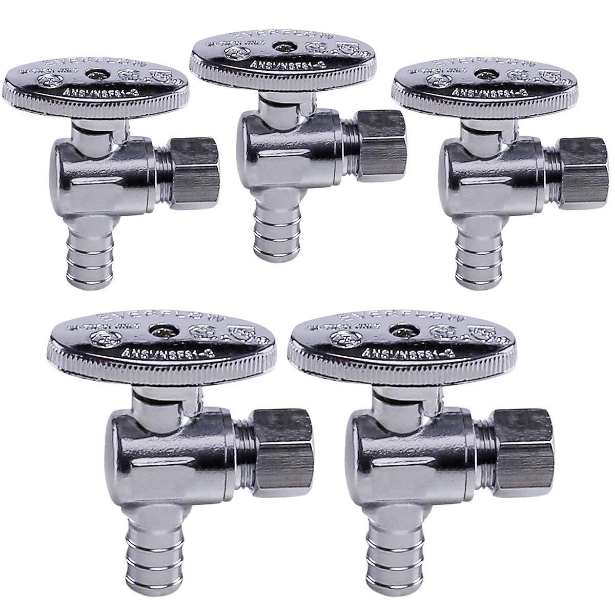 Midline Valve 81512QS-OM-5 Water Supply Stop Valve with Quarter Turn Wheel; Angle Shut-off for Toilet, Sink, Dishwasher; 1/2'' PEX x 3/8'' Compression; Chrome Plated Brass (5 PK)