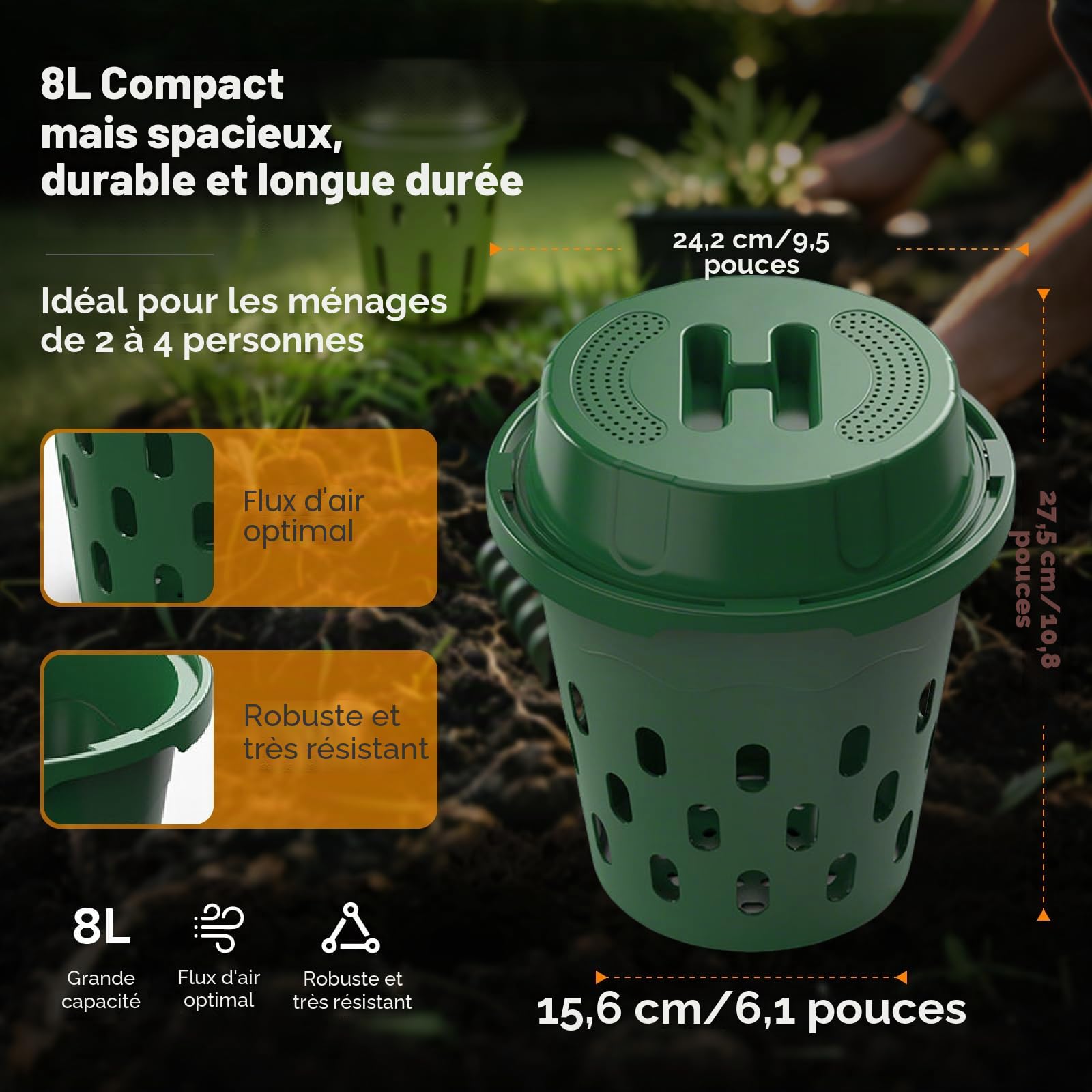 8L Souterrain Composteur de Jardin avec Couvercle,PVC Lombricomposteur avec Trous de Ventilation,Organique Composteur pour Améliorer Sol Plantes,pour Jardins,Massifs de Fleurs,Cours 24x23cm
