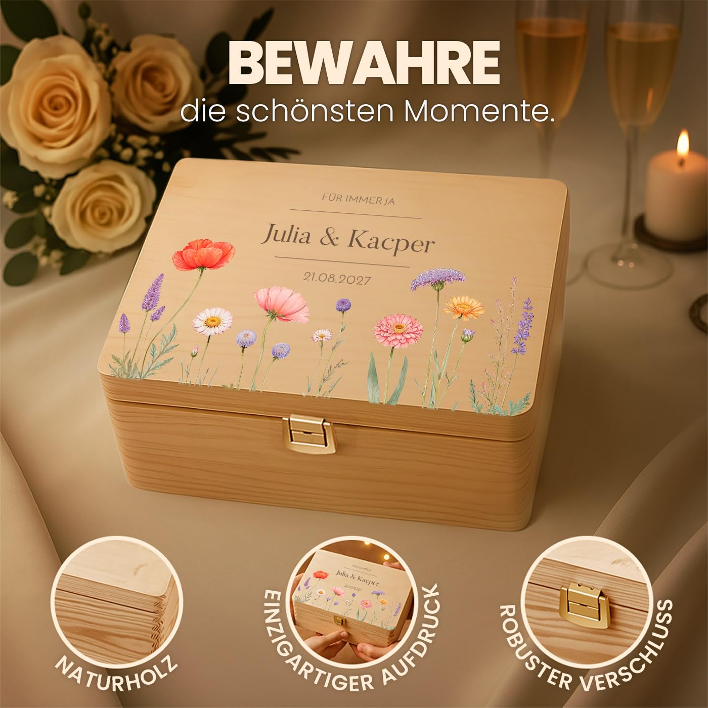 Maverton Erinnerungsbox mit Farbdruck - Aufbewahrungsbox mit Deckel - personalisierte Geschenke für Paar zur Hochzeit - Weihnachtsgeschenke - Hochzeitsgeschenke - aus Kiefernholz